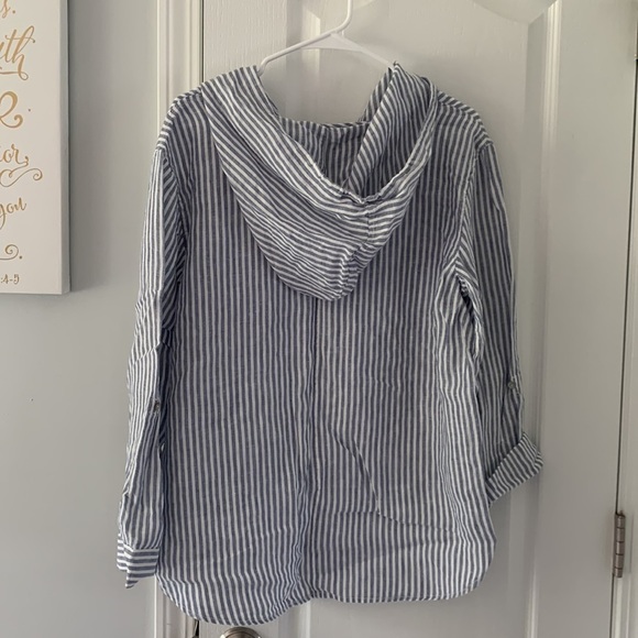 Tahari Blue Stripe Button Front Linen Shirt Hooded M nautical Lagenlook beach - Picture 10 of 10